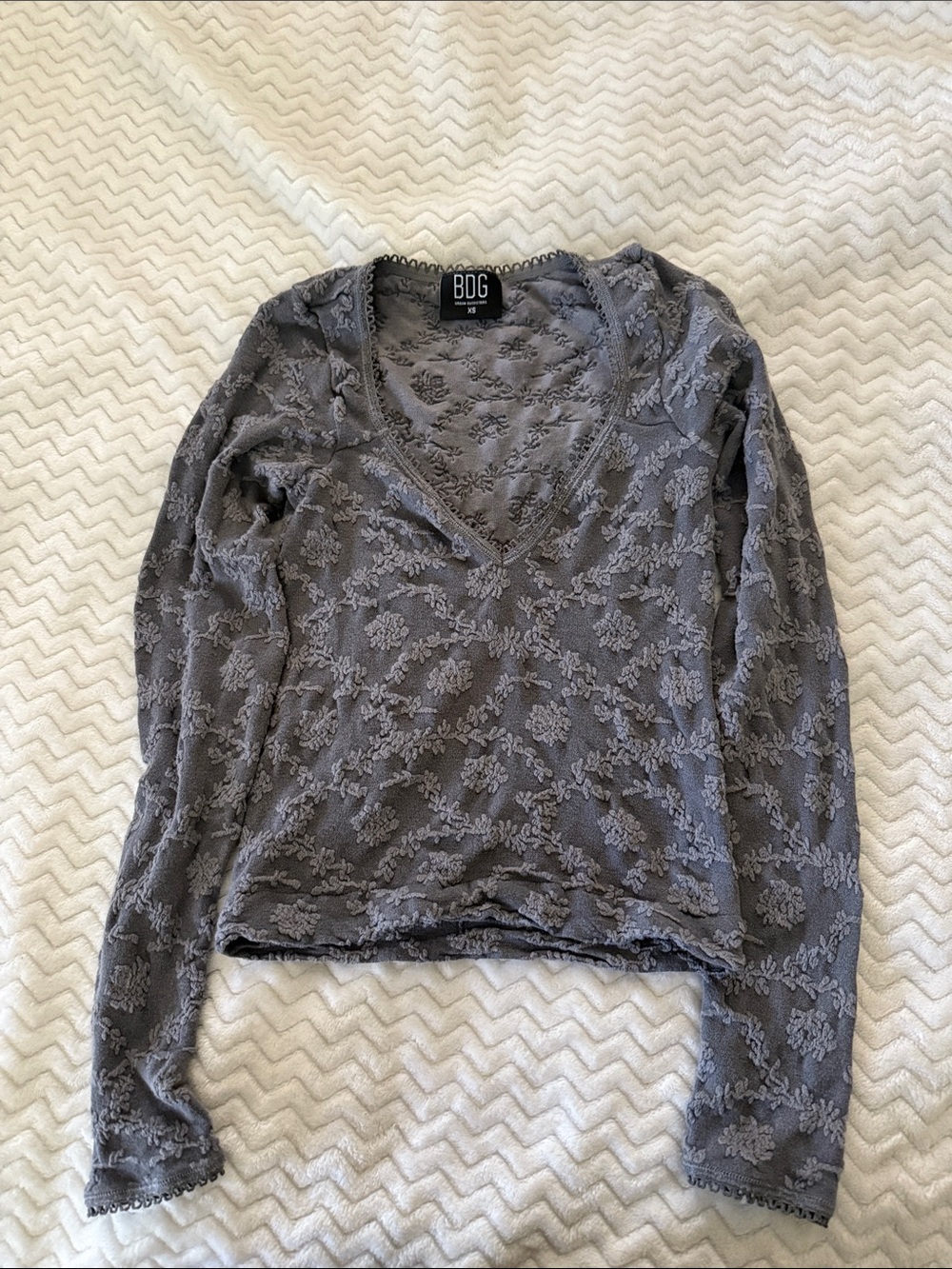 BDG Charcoal Gray Floral Lace V-Neck Long Sleeve Top